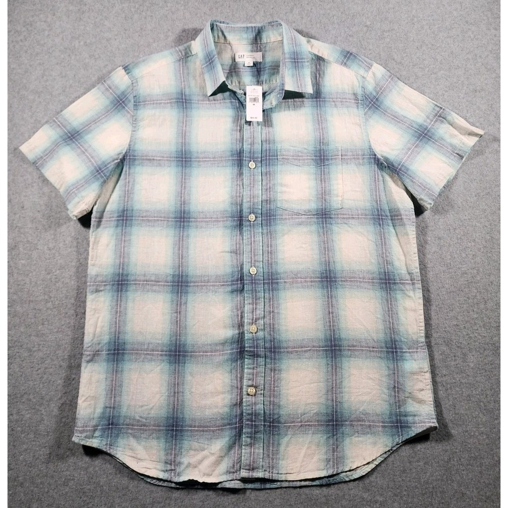 NWT Gap Men's Button Up Shirt, Size M, Blue Plaid, Short Sleeve